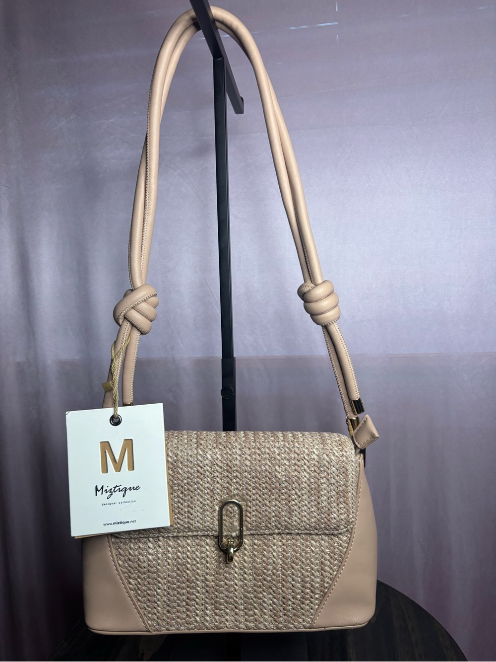 Miztique Beige Woven-Front Shoulder Bag with Knotted Straps